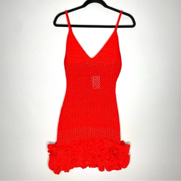 NWT Hanifa Iggy Knit Crochet Mini Ruffle Hem Dress In Bright Orange Red Size S - Picture 3 of 7